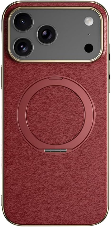 AXUEQIN-Magnetic Case for iPhone 17 Pro Max/17 Pro/17 Air/17, Slim Luxury Electroplate Genuine Leather Cover with Metal Ring Stand (17 ProMax,Red)