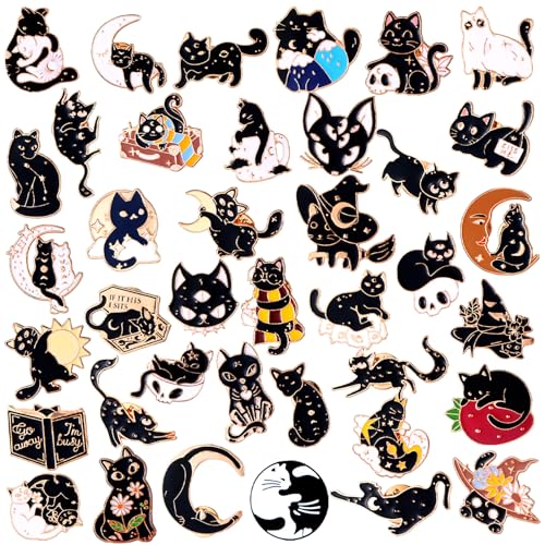 Image of Giegxin 40 Pcs Cat Enamel Pins for Backpacks Cute Black Cat Brooches Gothic Lapel Pins for Clothes Bags Accessories Classroom