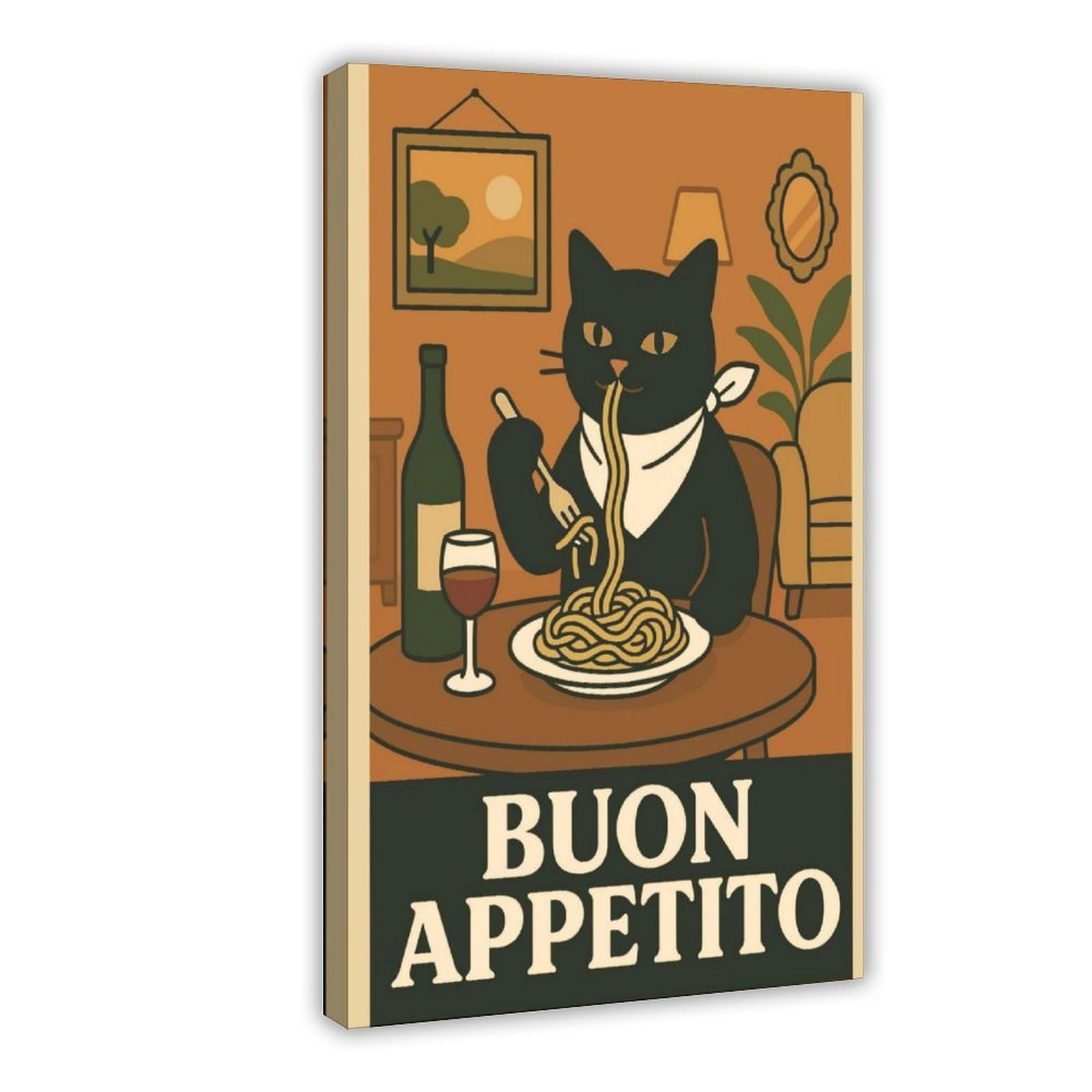 FVKFVK Buon Appetito Cat Retro Italian Kitchen Funny Black Cat Canvas Poster Bedroom Decor Landscape Office Room Decor Gift 8" L X 12" W