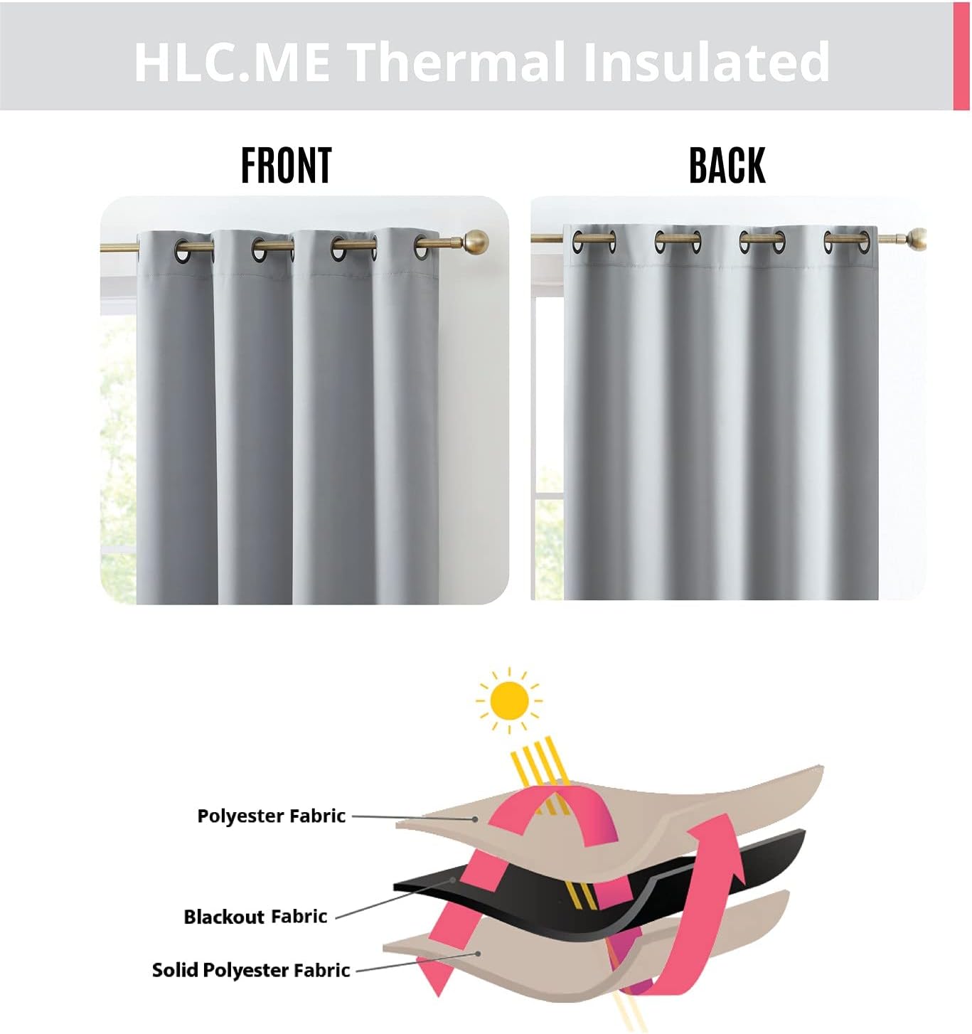 HLC.ME Oxford - Light Grey Blackout Curtains - Grey Curtains for Bedroom, Noise Reduction Thermal Insulated Window Curtain Grommet Panels, Set of 2 (52 W x 84 L, Light Grey)