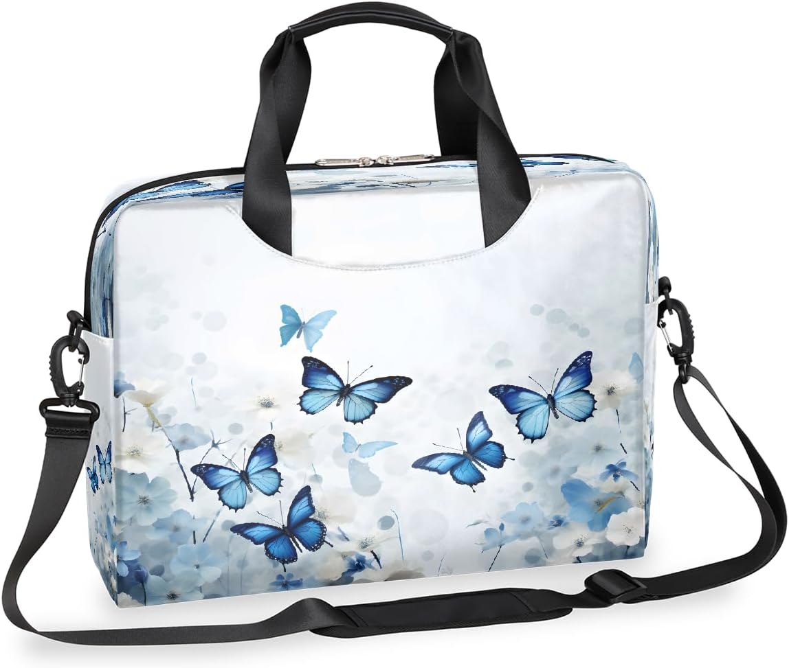 Watercolor Blue Butterfly Flowers Laptop Bag 16 Inch, Slim Business Briefcase for Men Women, Shoulder Bag with Handle & Detachable Strap, Work Office Computer Messenger Bag