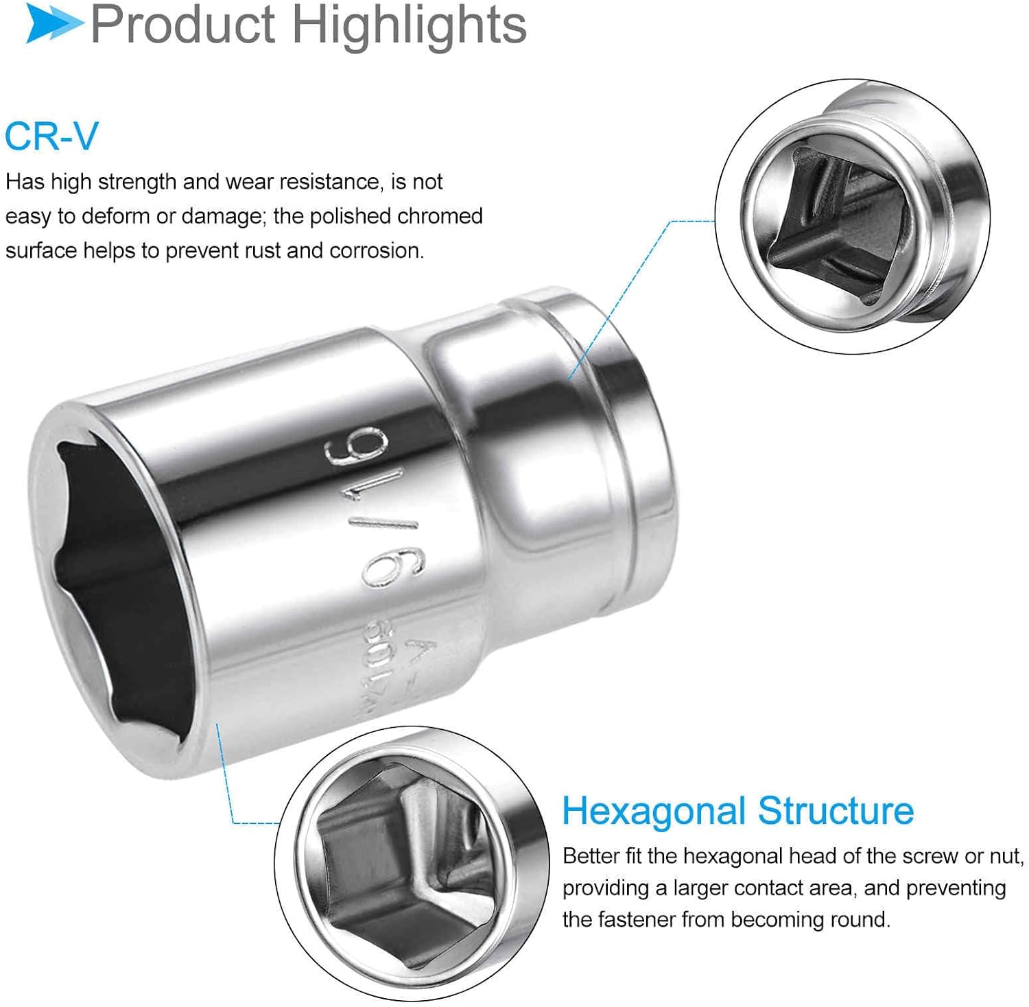 6-Point Socket, 3/8" Drive 9/16" Deep, Polished Chromed CR-V SAE Standard Shallow Impact Socket - (Applications: for Ratchet Torque Electric Wrenches Car Repair), 2-Pieces