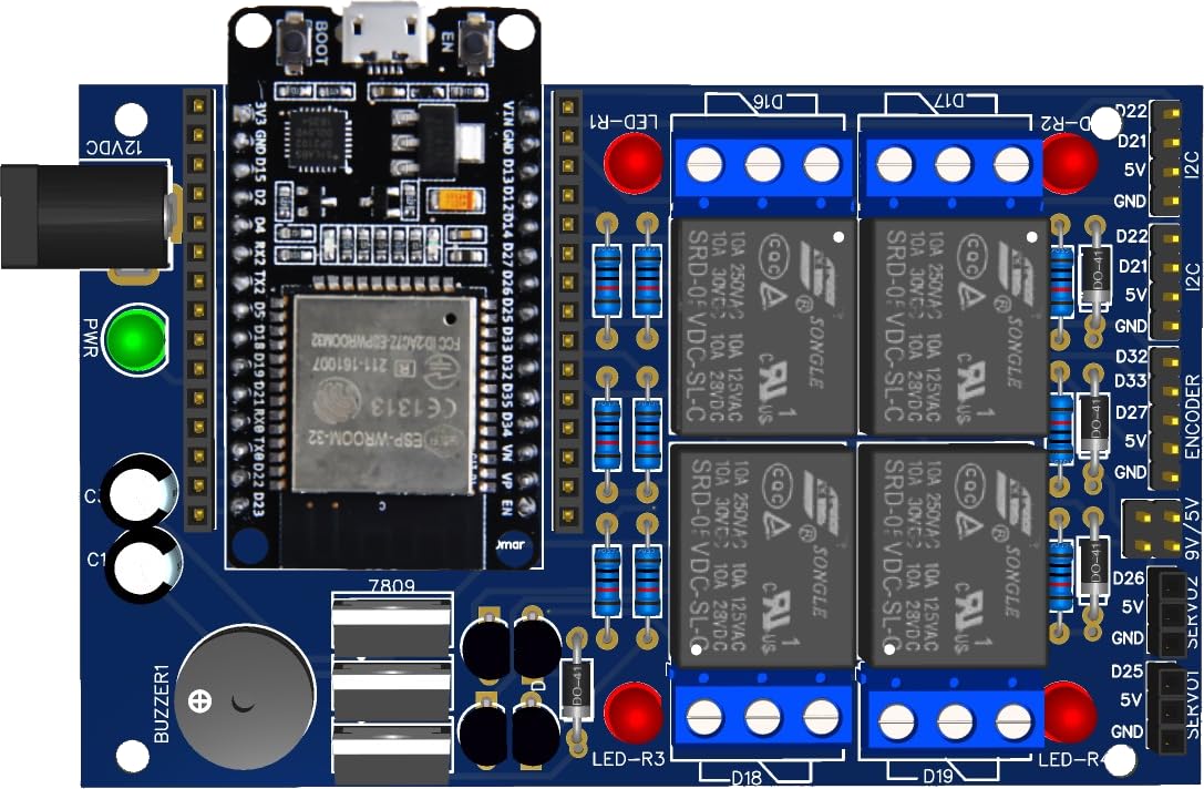RoboThings 4-Channel Relay module for ESP32 wroom with Servo-Bluetooth-Encoder-I2c-Buzzer support