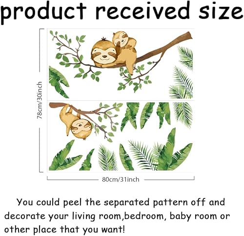 Miniatura 2 de SUPERDANT Calcomanía de pared con diseño de perezoso, ramas de la selva, diseño de perezoso, removible, de vinilo, papel tapiz decorativo para