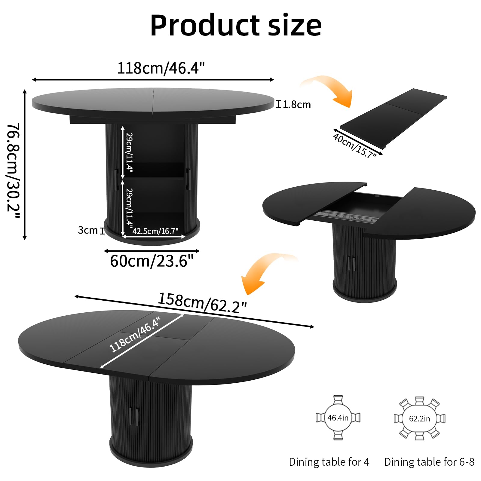 Runder Esstisch 118cm für 4-6 Personen, geriffelter Sockel, Küchen- & Esszimmertisch, platzsparend für kleine Räume, Schwarz