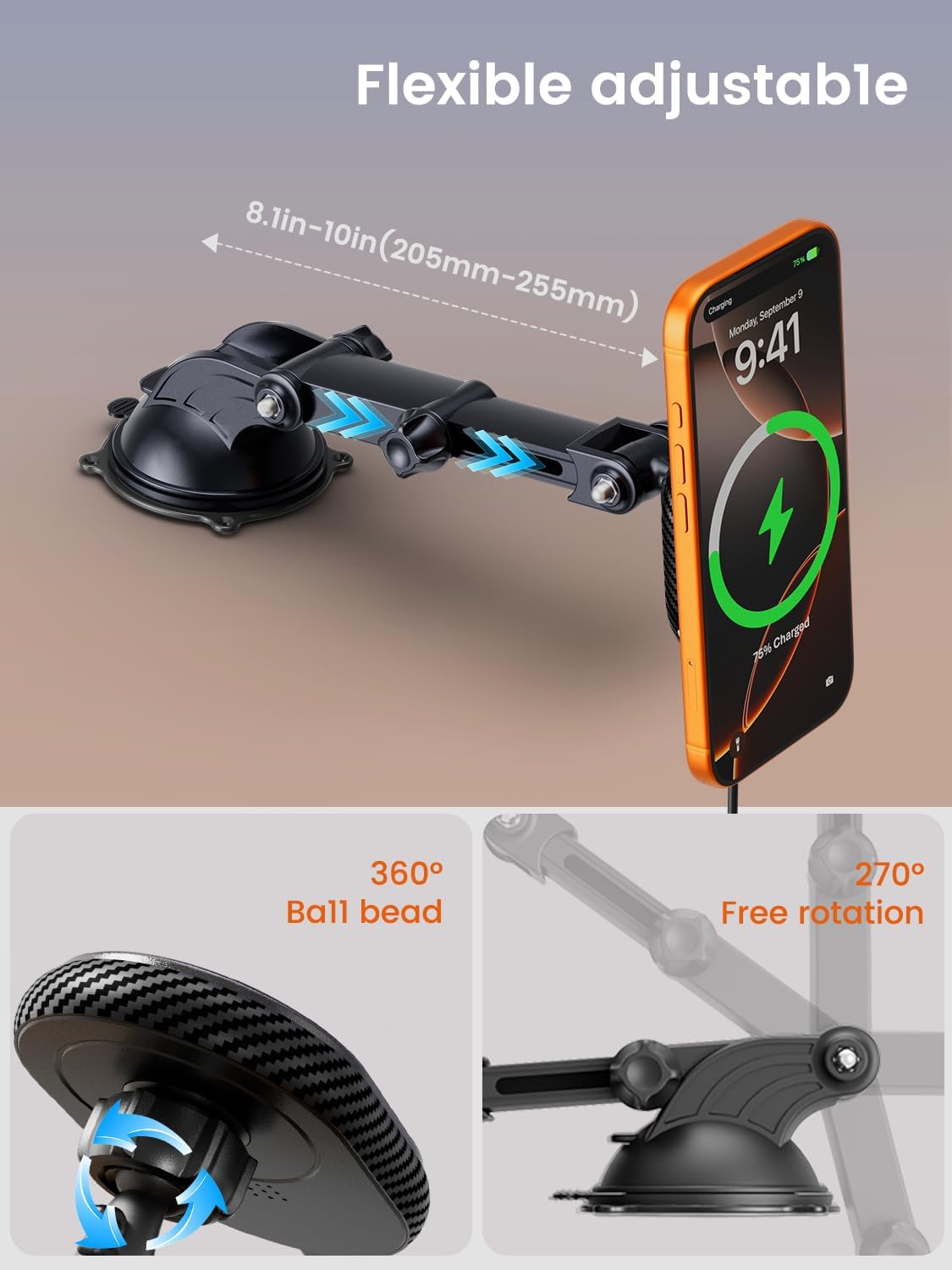 OHLPRO for iPhone 17 MagSafe Car Mount Charger, 15W Fast Wireless Charging Magnetic Holder with Extendable Suction Cup Arm, Dashboard & Vent Mount Compatible with iPhone 16/15/14/13 Pro Max - Image 6