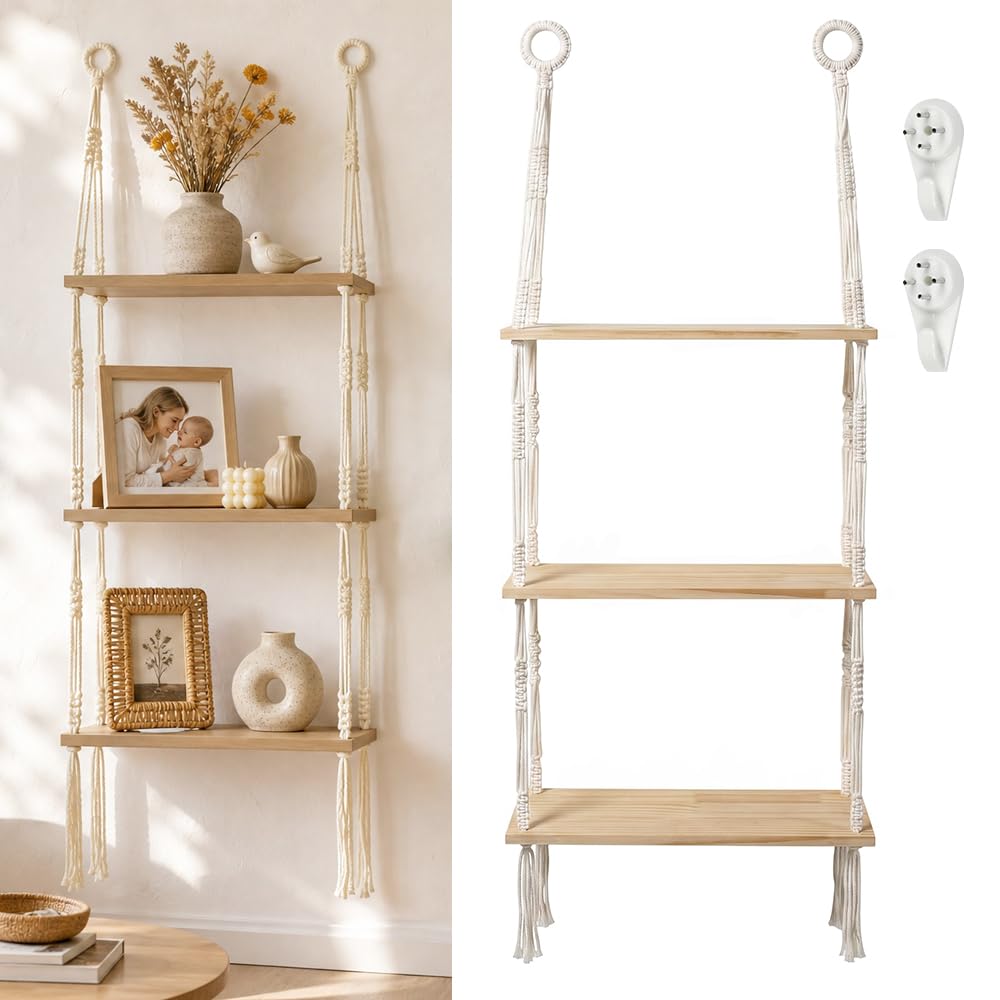 Mensole da Muro Legno, 3 Livello Scaffali di Corda in Legno con 2 Ganci Mensola Sospesa con Corda in Stile Boho Scaffale da Appendere da Parete Decor e Archiviazione per Soggiorno, Bagno