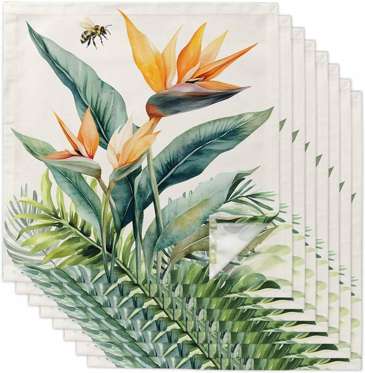 Green Palm Leaf Cloth Napkins Set of 8 Reusable Dinner Napkins, Summer Bee Tropical Plant Pastoral Cocktail Napkin Washable Table Napkins for Wedding/Holiday Party/Baby Shower 20"x20"