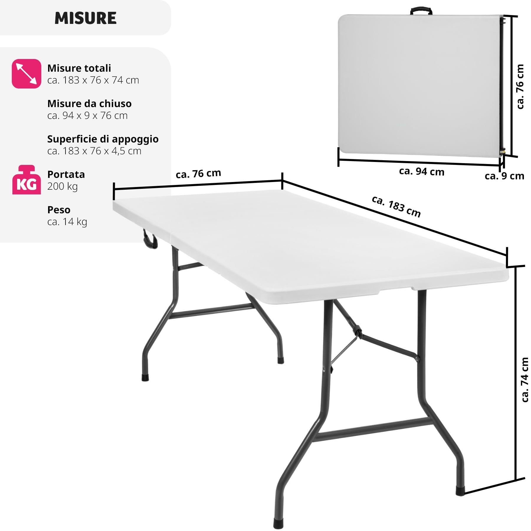 tectake® Tavolo da Campeggio Pieghevole con Maniglia, Tavolo Salvaspazio, Tavolo da Giardino con Base in Acciaio, Tavolino Portatile, Resistente alle Intemperie, 183 x 76 x 74 cm - Bianco