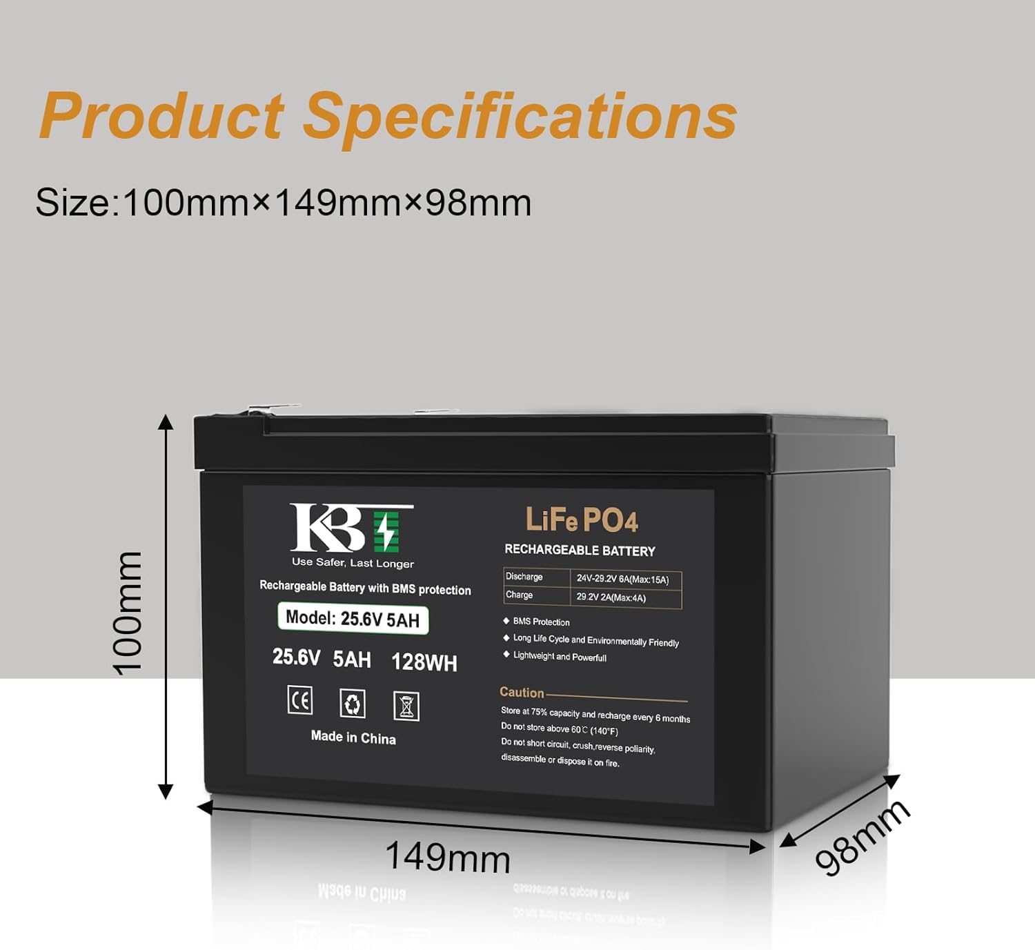 KBT 24V 5Ah Deep Cycle Rechargeable LiFePO4 Lithium Battery with 24V Charger, Charging Cable, Cable Connector for Ride on Car UTV Toys