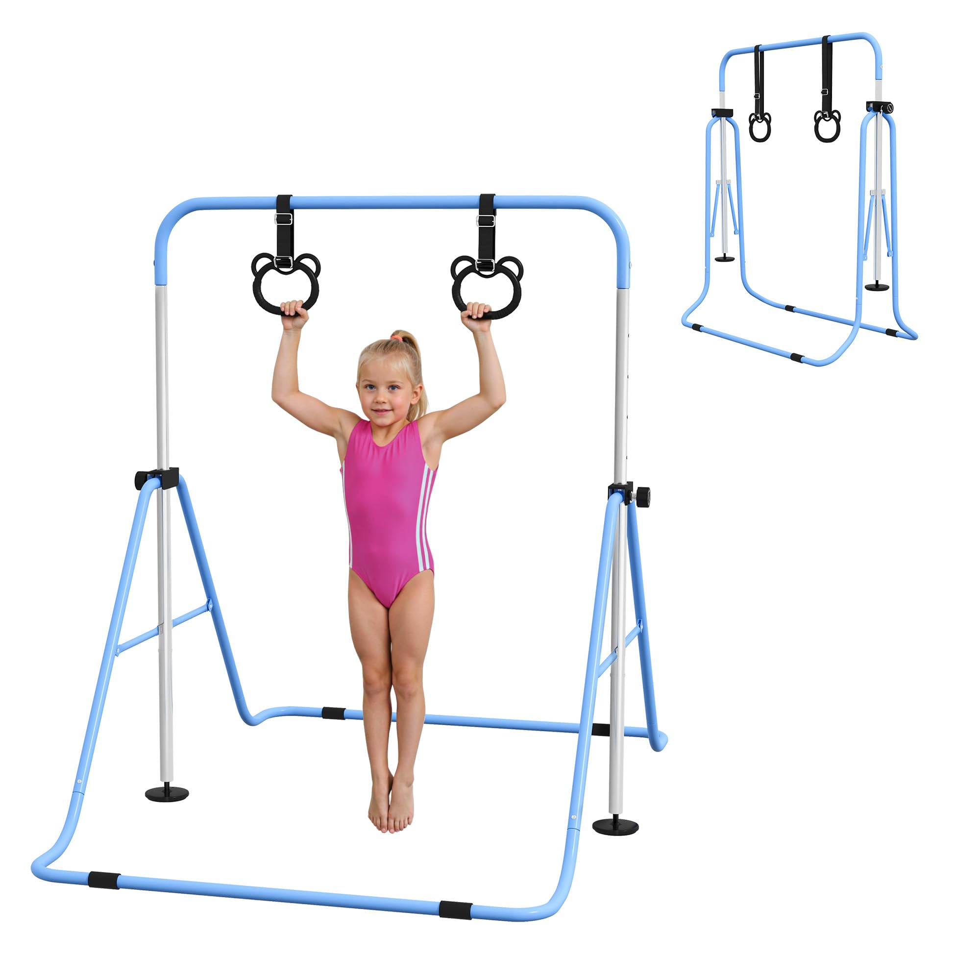 HOMCOM Barre de Gymnastique pour Enfants, Barre Horizontale, équipement de Gymnastique Pliable à Hauteur réglable 88-128 cm avec Anneaux de Gymnastique