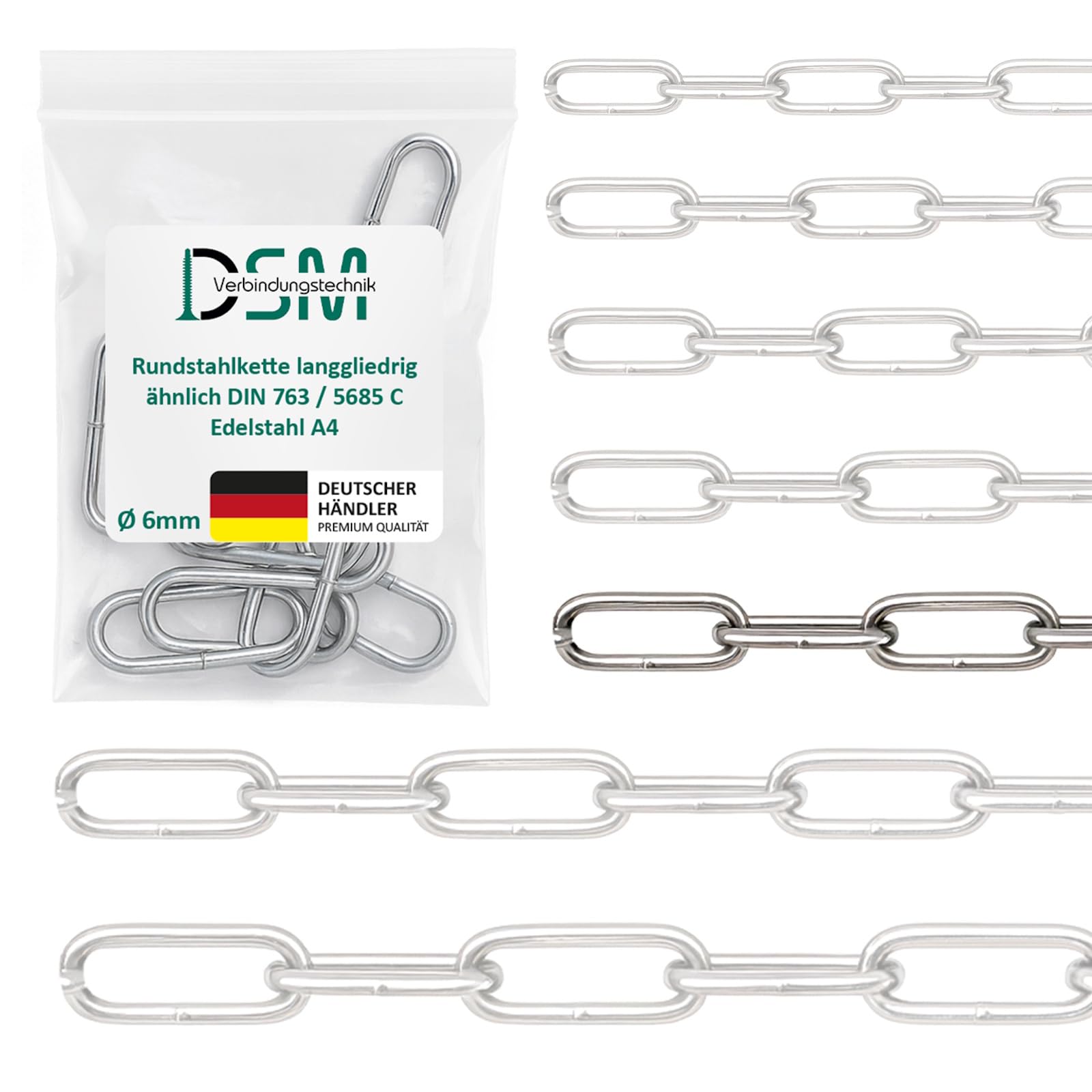 DSM Cadena de acero redondo de eslabones largos similar a DIN 763, 6 mm de diámetro, acero inoxidable A4, inoxidable y resistente a la corrosión, para jardín, barco, taller y decoración, carga de