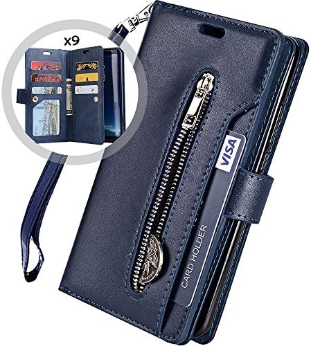 Auker Galaxy S7 Wallet Case for Women/Men, Trifold 9 Card Holder Premium Folio Flip Leather Magnetic Wallet Case with Strap Full Body Protective Zipper Pocket Purse Case for Samsung Galaxy S7 Navy