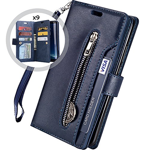 Auker Galaxy S9 Plus Wallet Case for Women/Men, Trifold 9 Card Holder Kickstand Feature Folio Flip Book Leather Zipper Wallet Magnetic Purse Cover with Strap&Money Pocket for Samsung S9 Plus Navy