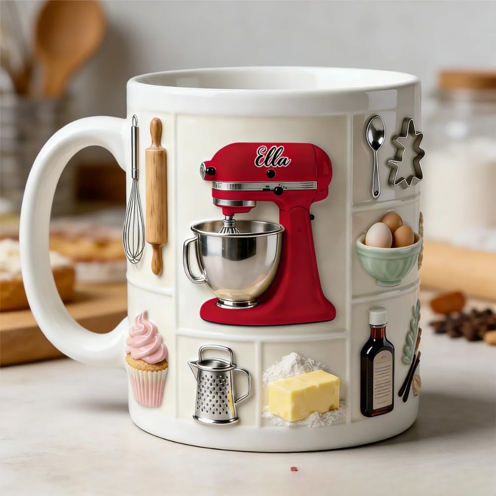Sweet Baker - Personalized 2D Flat Coffee Mug, Custom Name Baking Mugs for Women, Baking Lover Coffee Cup with Baking Mixer and Kitchen Tools, Baker Drinking Cup, Baking Gifts for Women Mom Grandma
