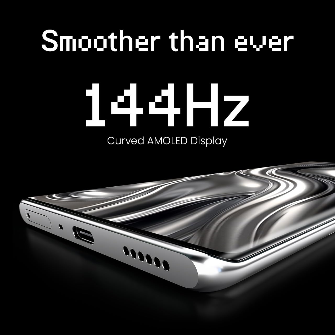 Close-up of the TECNO POVA Curve 5G's curved AMOLED display, highlighting the 144Hz refresh rate.