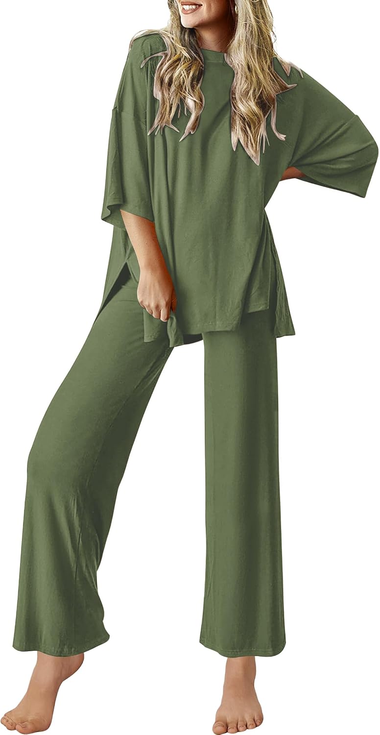 Ekouaer Lounge Sets for Women Soft Comfy Pajama Set 2 Piece Outfits | Short Sleeve Tops and Long Pants with Pockets,Loose Fit Loungewear for Sleeping,Daily Wear,Travel,Vacation,Beach,Airport