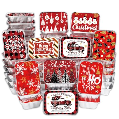 JOLCEEY 36pcs Christmas Aluminum Foil Trays, 9 Styles Xmas Disposable Food Containers with Lids Meal Prep Storage Tray Tin Pans for Cooking Baking Roasting Winter Holiday Party Supplies (Style A)
