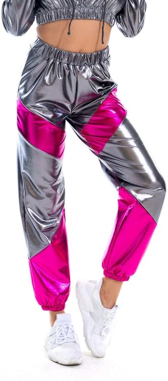SIAEAMRG High Waisted Cargo Pants for Women, Shiny Metallic Wet Look Stretchy Jogger Pants Holographic Sweatpant Hip Hop Club Wear (Grey/Rose Red, XXL)