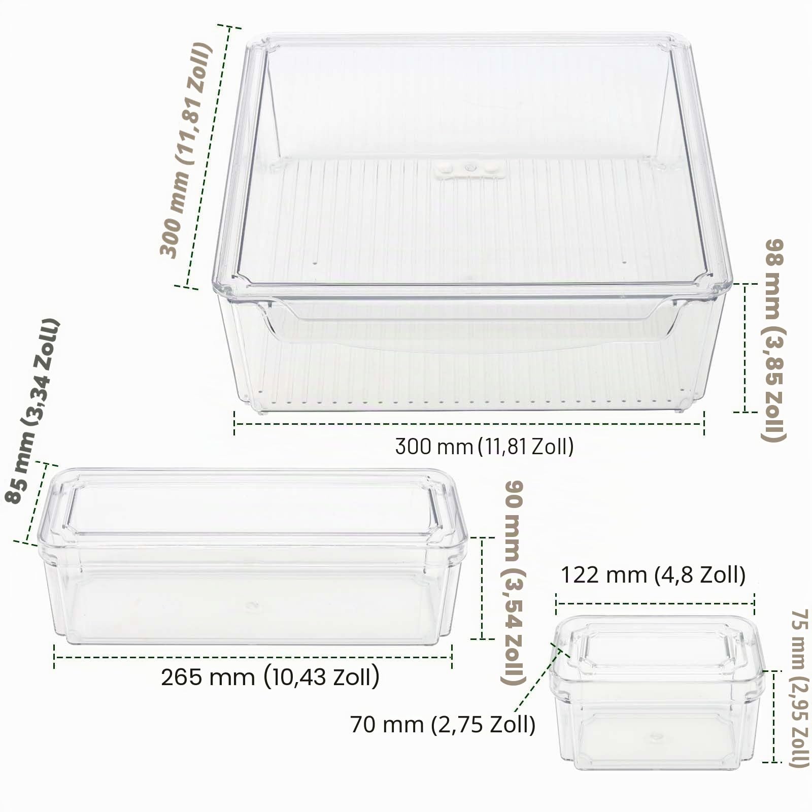 10 Stück Kühlschrank Organizer mit Deckel, 3 Größe Aufbewahrungsbox Kühlschrank Boxen Fridge Organizer, Kühlschrankboxen Transparent für Küche, Schränke, Schublade