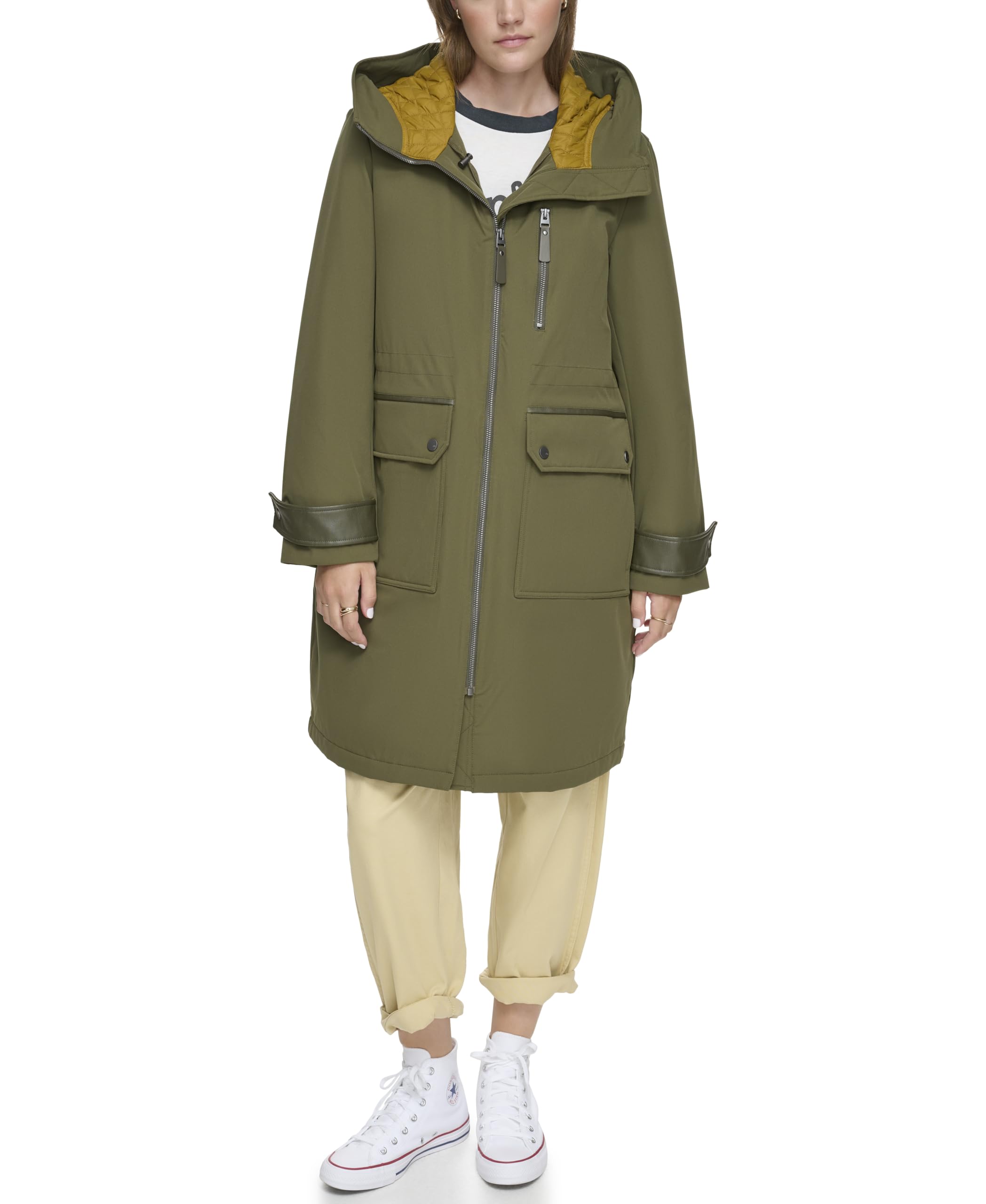 Andrew Marc Womens Gemas Hooded Transitional Water Resistant Parka Trench Coat