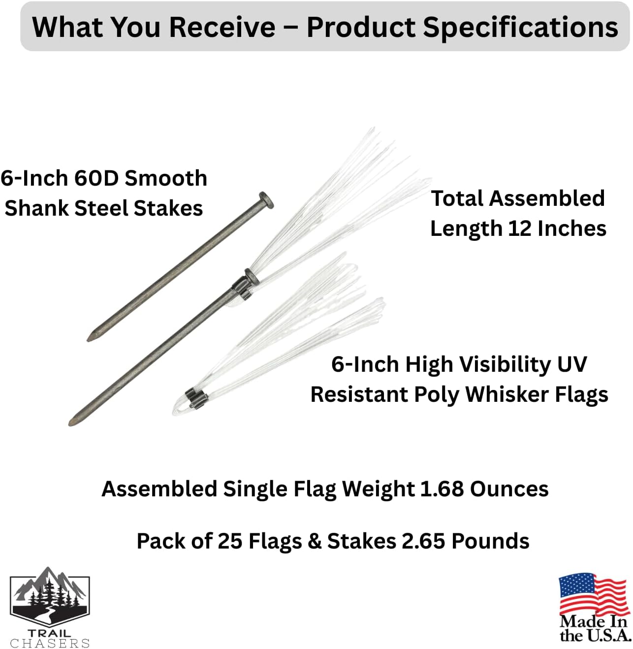 Trail Chasers® White Marking Flags (Whiskers), 6" Ground Markers with Steel Stakes, 25 Pack for Survey & Construction