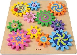 Constructive Playthings Wooden Spinning Gears Set: Interchangeable 12-Pc Toy with Fixed Axles on 11.75" Base, Ages 18 Months+