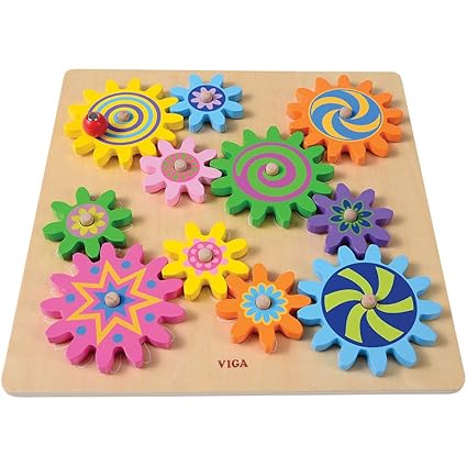 Constructive Playthings Interchangeable Spinning Gears with Fixed Axles On A 11 3/4" Sq. Wooden Base for Ages 18 Months and Up