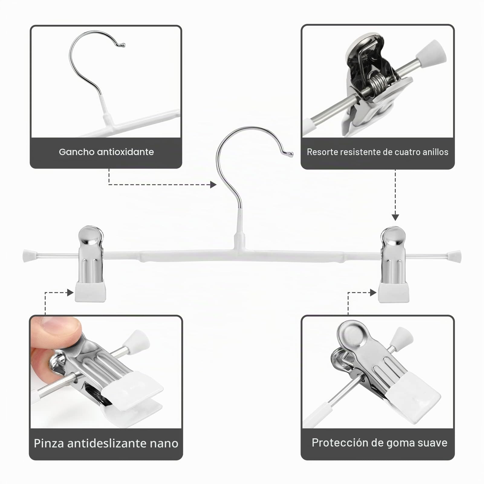 GUANJUNE Perchas finas para pantalones, perchas antideslizantes para pantalones con clips ajustables, perchas que ahorran espacio para ropa, faldas, jeans, abrigos (blanco, 10)