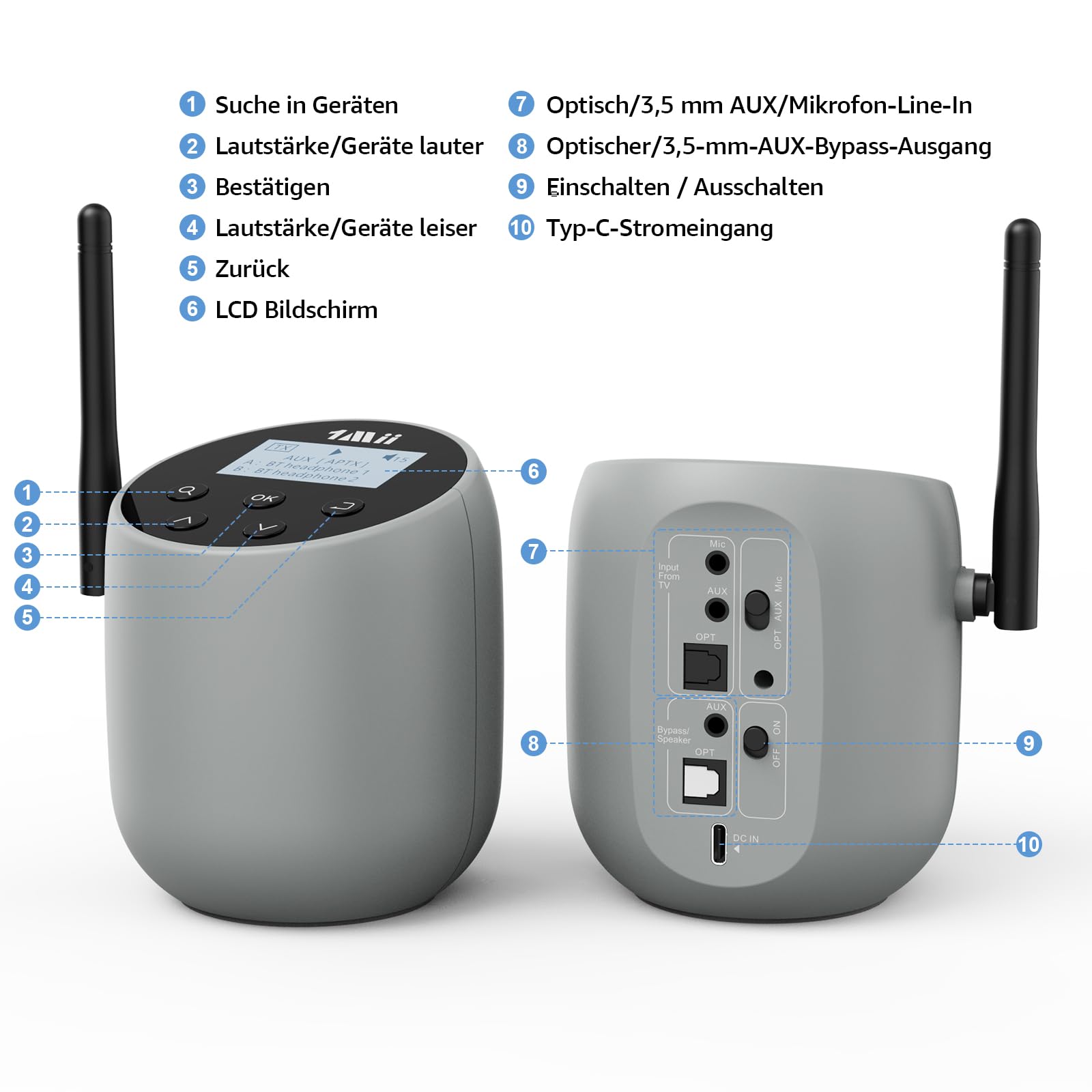 1Mii DS70 Audio-Bluetooth-Sender für Fernseher zu kabellosen Kopfhörern/Lautsprechern, aptX AD/HD/LL/aptX/SBC, optische/AUX-/Cinch-Buchsen und Mikrofoneingang, kompatibel mit 99% Aller Fernseher