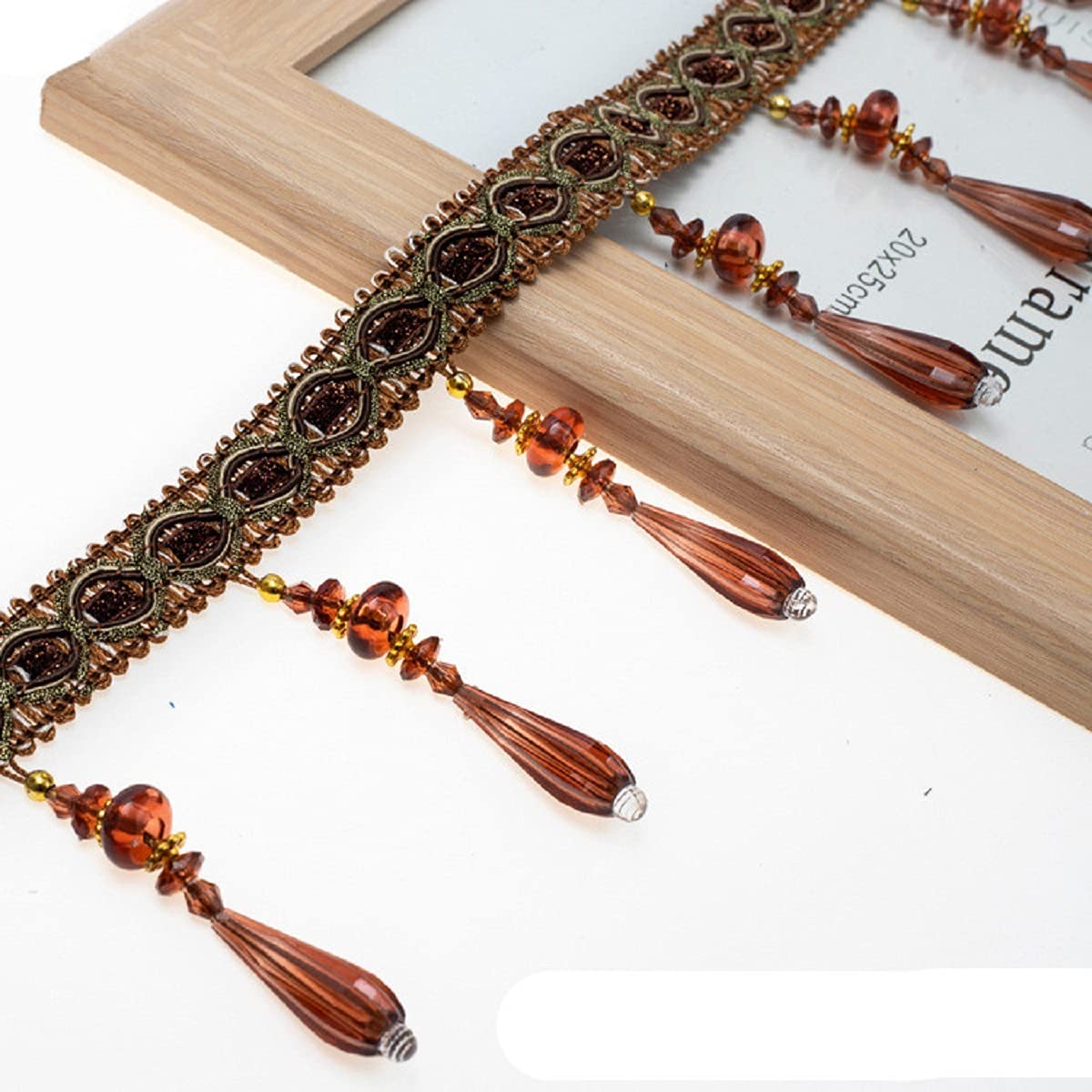 Yalulu 4 Yards Braid Hanging Beads Pendant Tassel Trim Hanging Ball Fringe Fabric Ribbon Trimming DIY Craft Sewing Accessory for Home Curtain Decoration (Deep Coffee)
