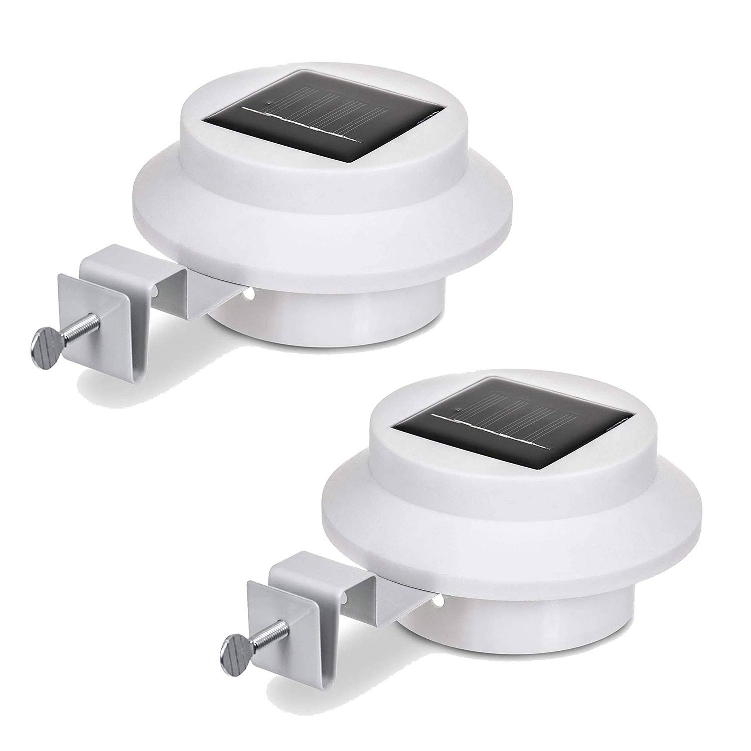 Livhome Solar Powered LED Fence & Gutter Lights, Super Bright 3 LED Outdoor Lamps with Mounting Brackets, Automatic Dusk to Dawn Weather Resistant Security Lighting No Wiring Required (White, 2 Pack)