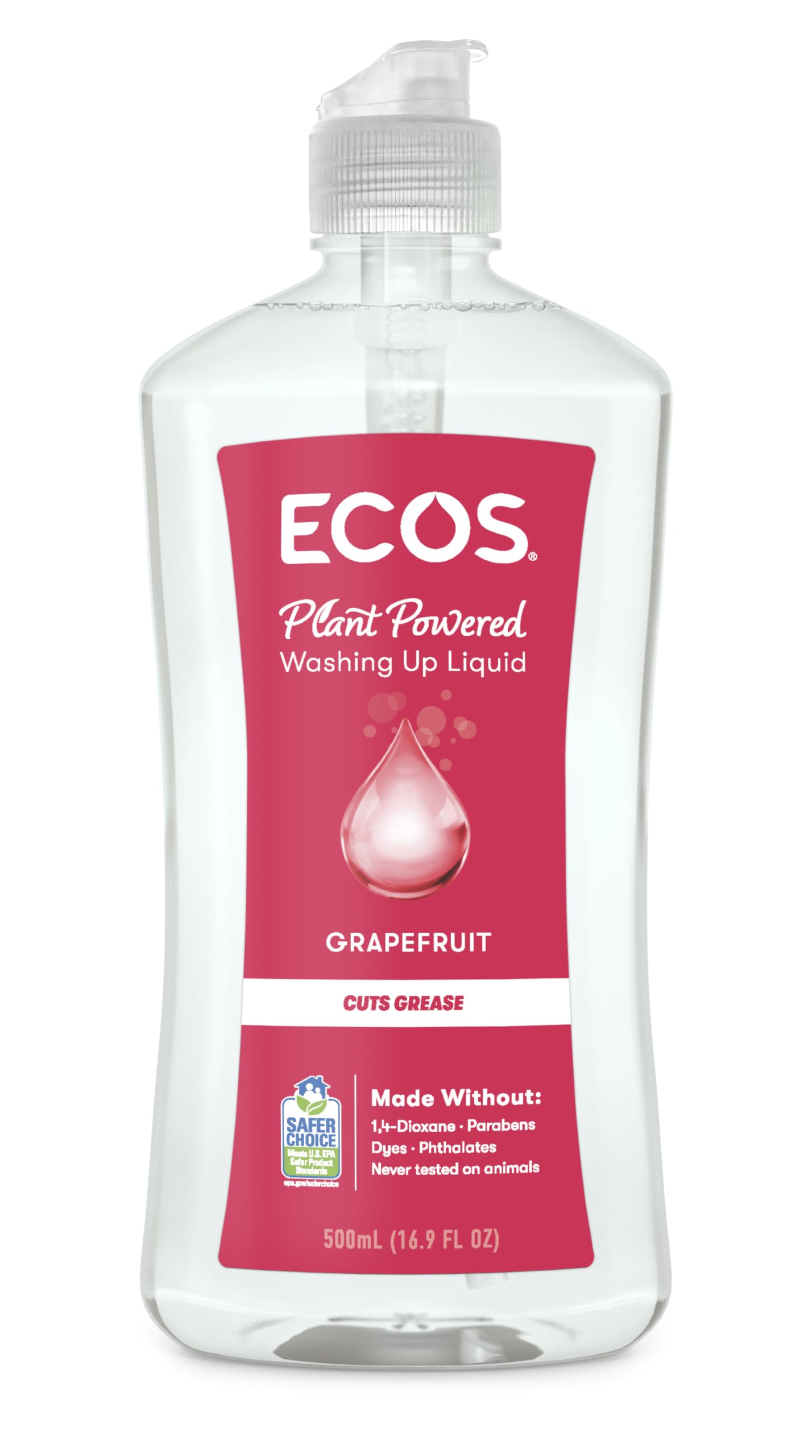 ECOS Washing Up Liquid - Plant Powered Dish Soap, Dishwashing Liquid Tough on Grease & Food Residue, Hypoallergenic & Vegan, Gentle on Hands, Grapefruit 500ml