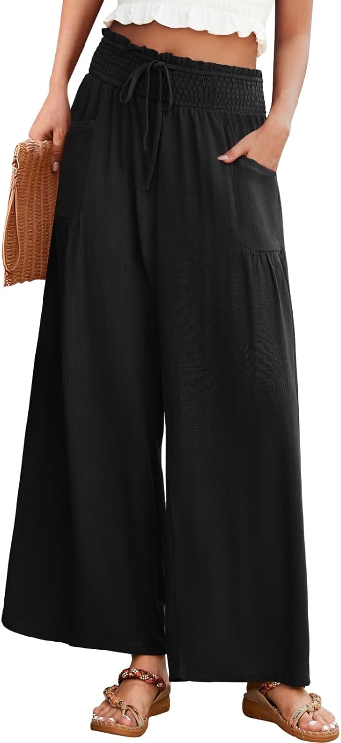 Linen Palazzo Pants for Women Wide Leg High Waist Casual Loung Trousers Beach Travel Vacation Harem Pants with Pockets