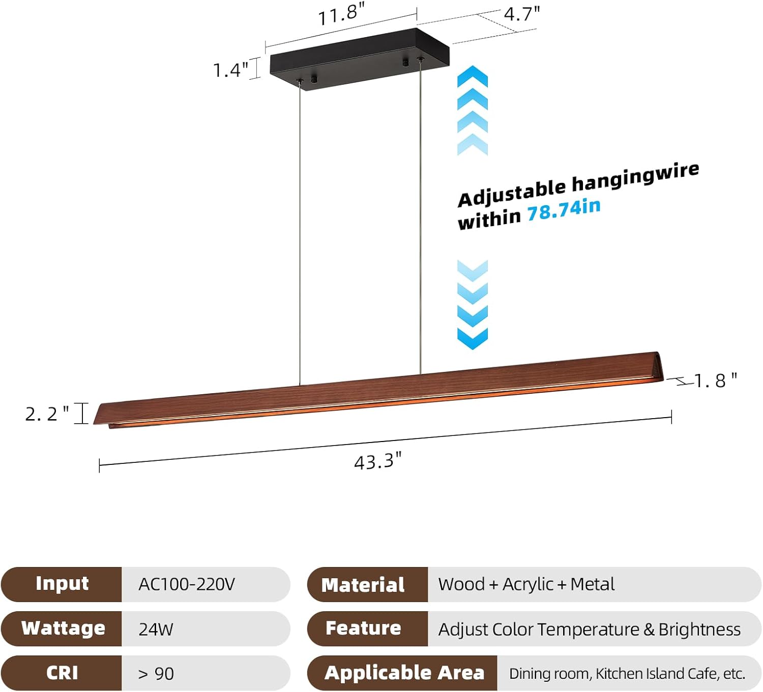 43" Wood Linear Pendant Light, 24W Hanging Pendant Light, Dimmable Modern Led Pendant Lighting, Adjustable Wood Linear Chandeliers for Dining Room, Kitchen Island, Bar, Pool Table-Walnut
