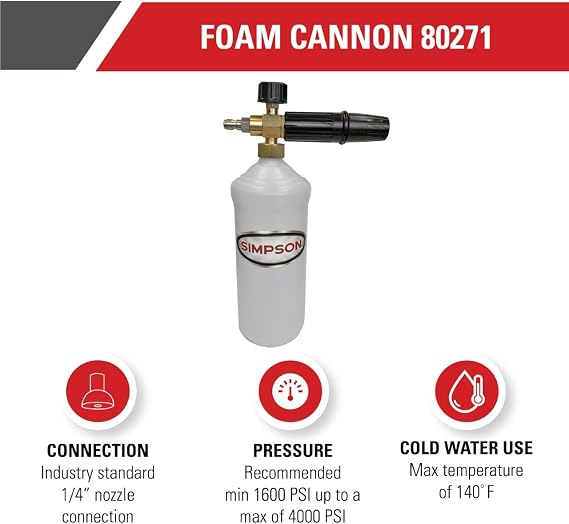 Simpson Pressure Washer Foam Cannon, 1/4 Quick Connect, 1 Liter, 80271 | Adjustable Spray Patterns And Foam Thickness, Quick-Connect Nozzle Tube, Thick Foam Reduces Time To Clean Cars, Boats, Siding