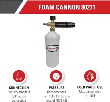 Simpson Pressure Washer Foam Cannon, 1/4 Quick Connect, 1 Liter, 80271 | Adjustable Spray Patterns And Foam Thickness, Quick-Connect Nozzle Tube, Thick Foam Reduces Time To Clean Cars, Boats, Siding