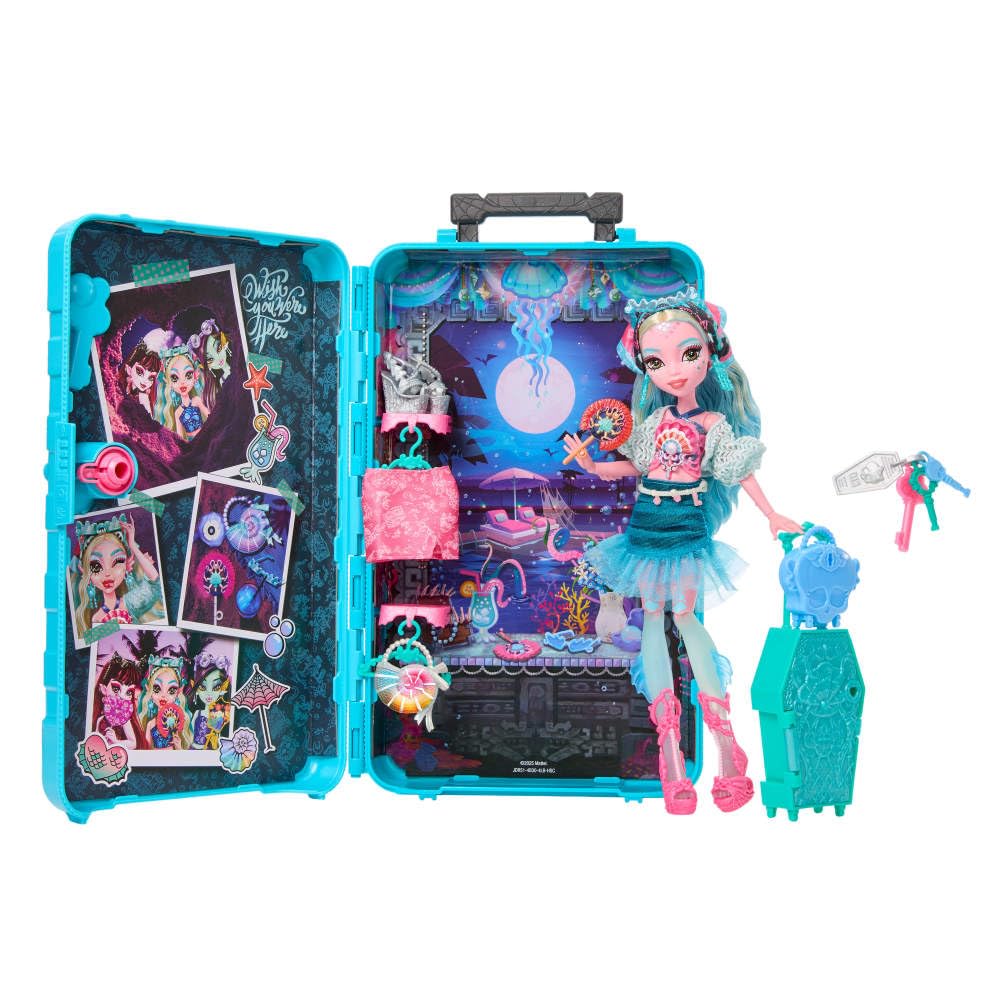 Monster High Straszysekrety Seria 7 Upiorystyczne wakacje Lagoona Blue Zestaw: lalka, walizka i akcesoria-niespodzianki, w tym ubranka, zabawka dla dzieci 4+, JDR51
