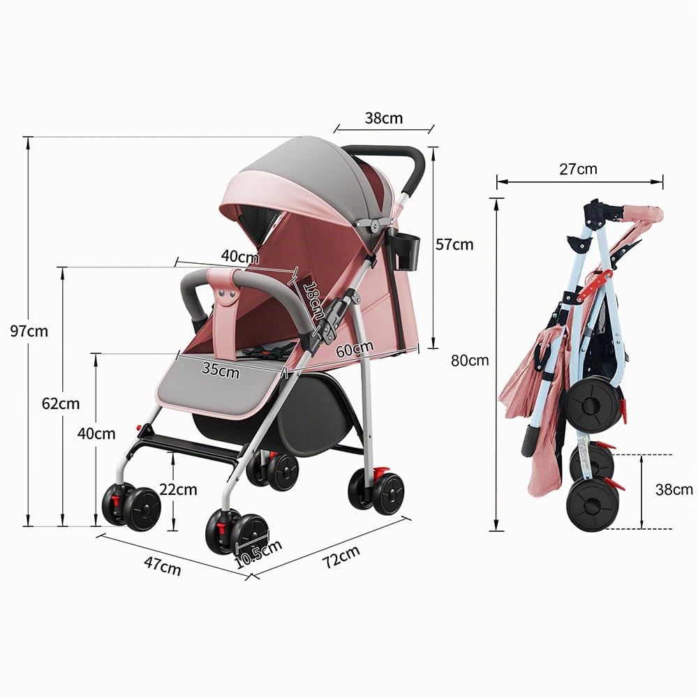Poussette 2 en 1 pliable, légère et pratique, avec capote et ceinture de sécurité Assise et allongée, roues en mousse EVA résistantes Rose