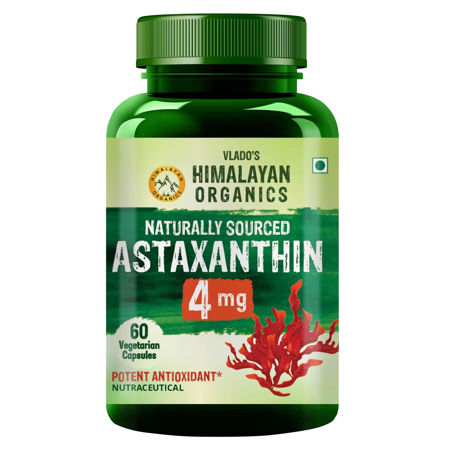 Vlado’s Himalayan Organics Naturally Sourced Astaxanthin 4mg Supplement | Supports Antioxidant Brain,Eye & Skin Health | Improves Muscle Endurance & Recovery, Builds Immunity - 60 Veg Capsules