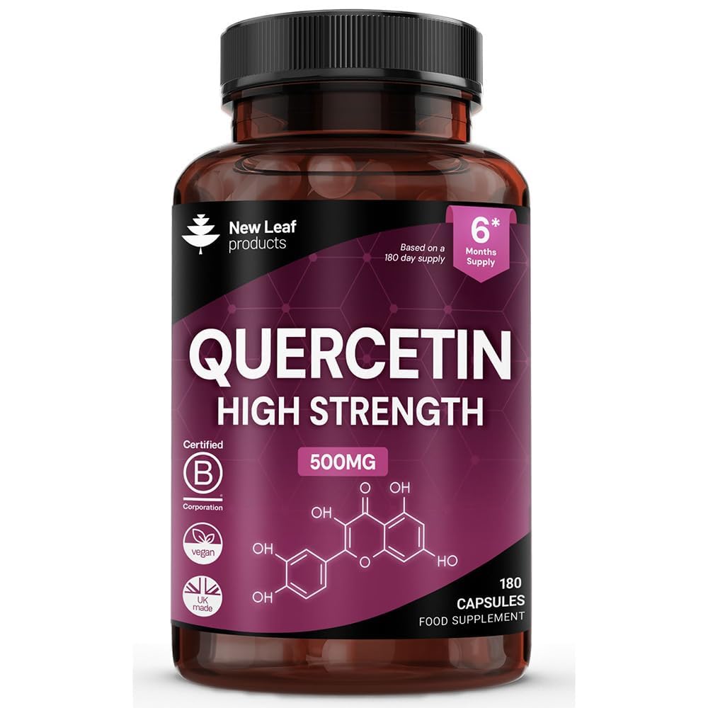 NEW LEAF PRODUCTS Quercetin 500mg High Strength Antioxidant Supplements (6 Months Supply) 180 Vegan Pure Quercetin Capsules Easy to Swallow - One A Day - Gluten Free & Non-GMO, Made in UK by
