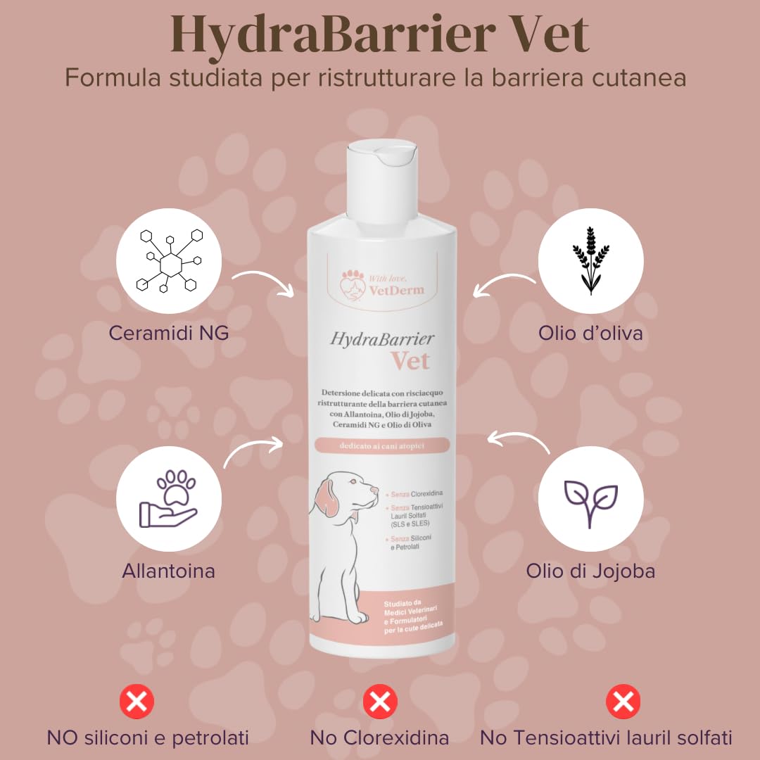 HydraBarrier Vet - Shampoo per Cani con Dermatite Atopica - Antiprurito, Emolliente e Idratante - Senza Alcol, Clorexidina, SLS/SLES e Siliconi - Per Tutte le Razze - 250ml