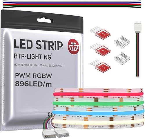 BTF-LIGHTING FCOB - Tira LED COB RGBW 4000K 896LEDm 9.8FT DC24V cambio de color, flexible, de alta densidad, luz uniforme de 0.472 in de ancho para