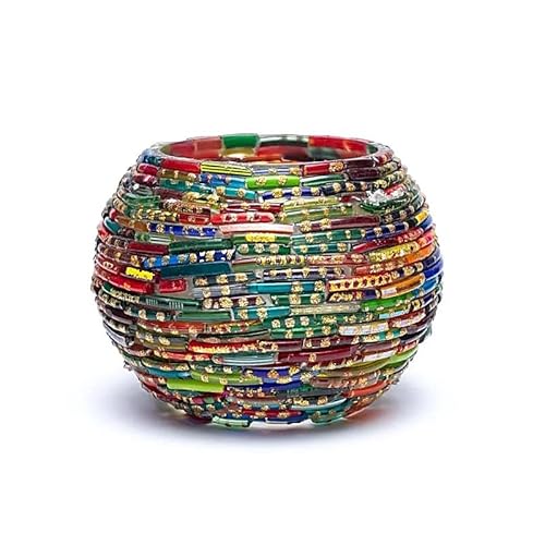 Portacandele portalumino in vetro colorato - porta lumini led candele votive Ø 5 (bocca) h. 7,5 cm. - lumino profumato in omaggio - mosaico a foglie (strisce colorate)