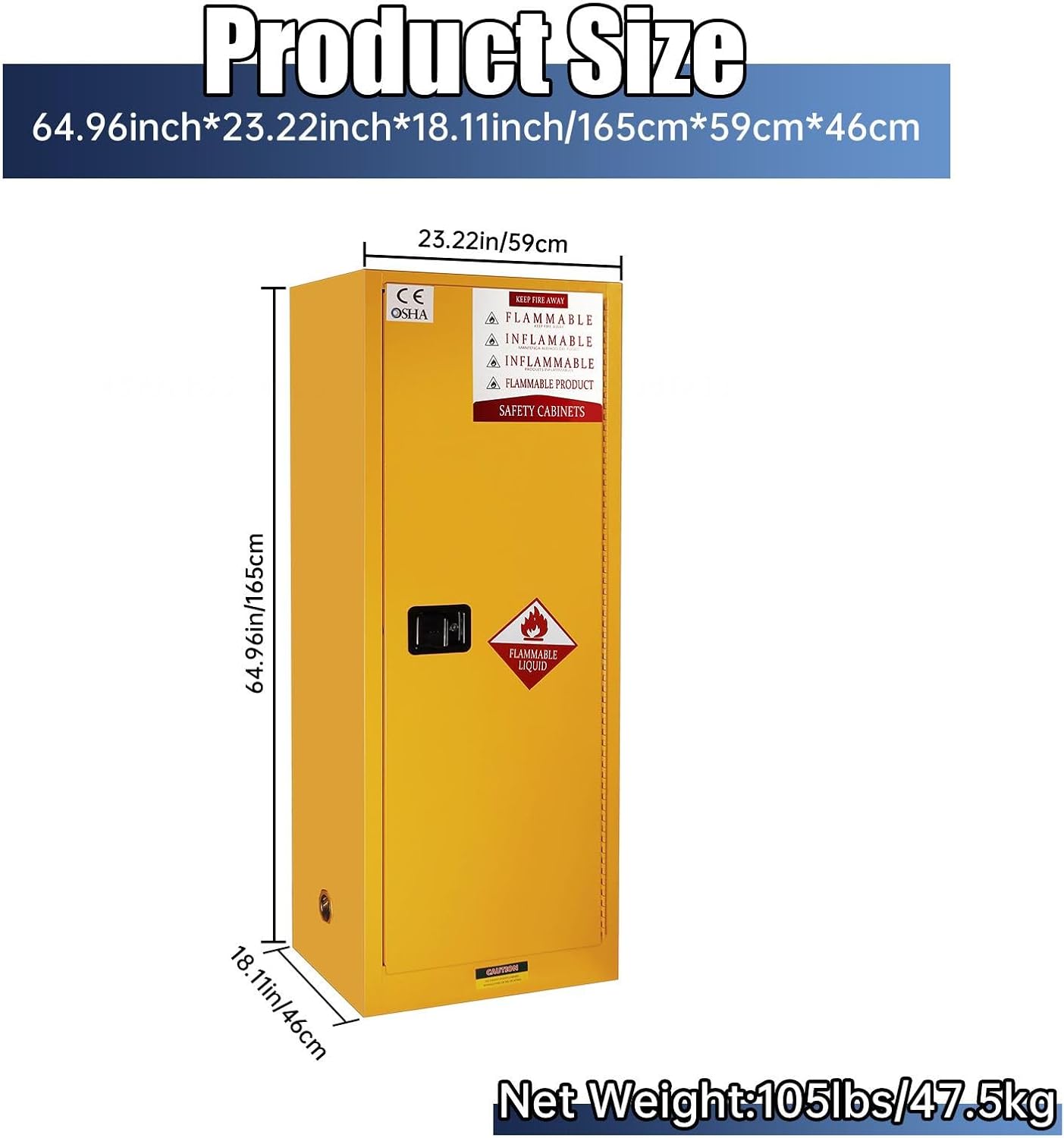 Flammable Safety Cabinet, 22 Gallon Flammable Storage Cabinet with Adjustable Shelf, 64.96" H x 23.22" W x 18.11" D Double-Wall Design for Multiple Applications