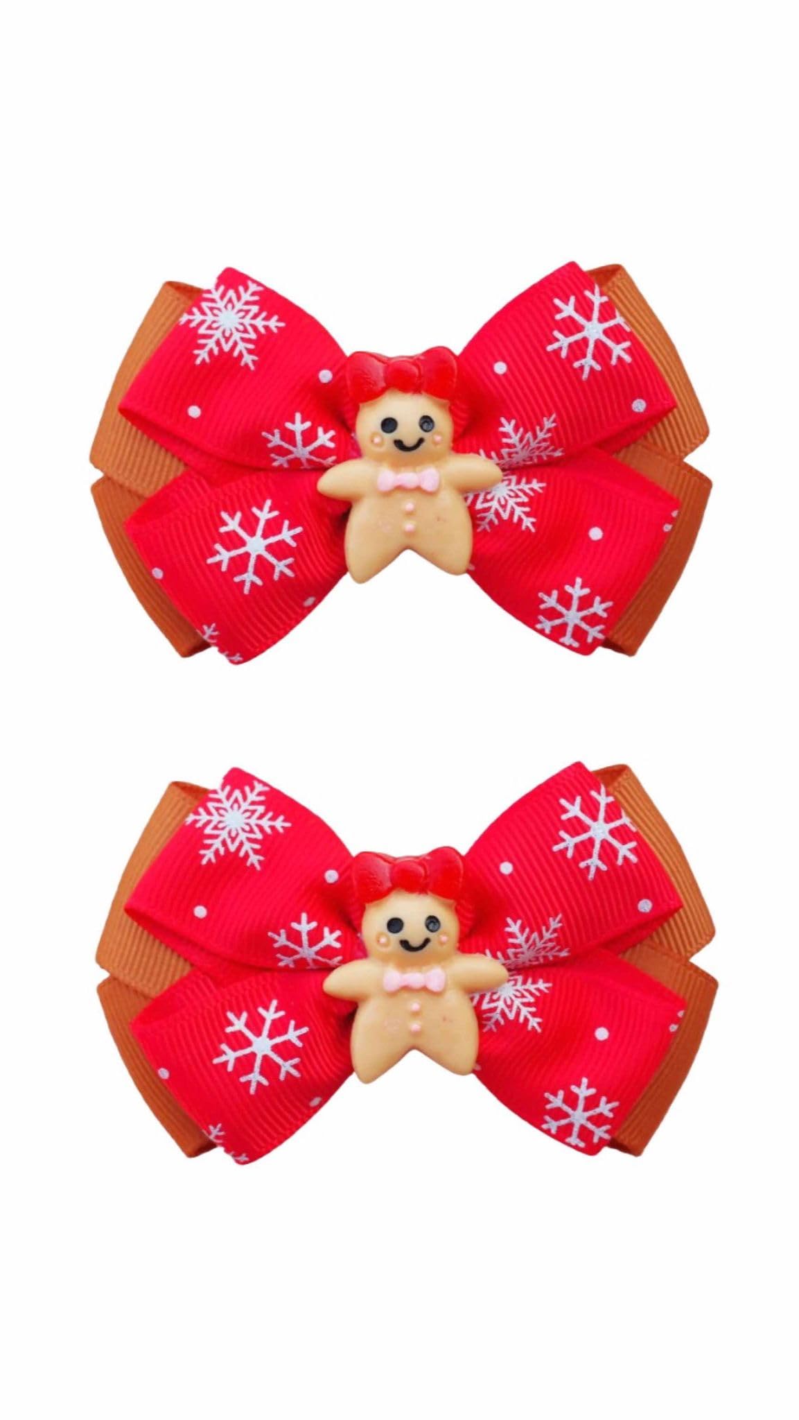 MeiMei Christmas Gingerbread Girl Hair Bow with Elastic Bobble, Handmade Girls Hair Tie, Grosgrain Ribbon Hair Accessories