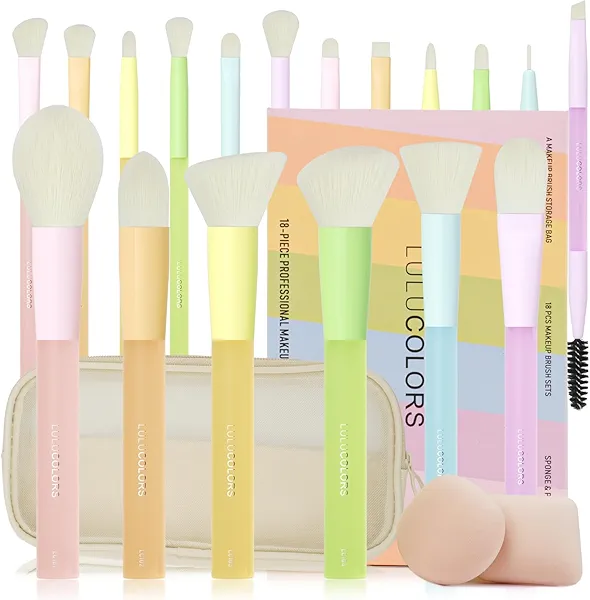 LULUCOLORS 18-Pcs Makeup Brush Set for Beginners - Travel-Friendly with Soft Arthritis-Friendly Handles & Non-Shedding Bristles | Includes Storage Bag, Eyeshadow Brushes & Sponges (Multi-Color)