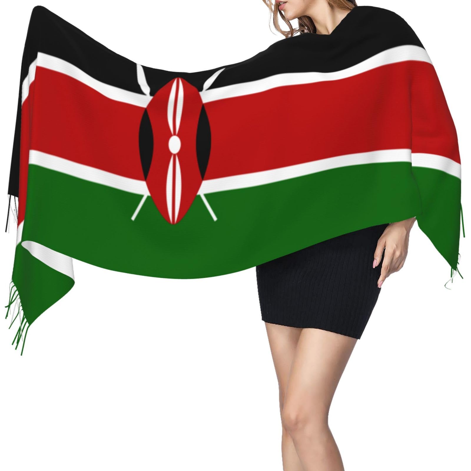 Wotdkg Women's As Pic Kenya Flag Kenyans Shawl Wrap With Tassel Warm Scarves Fashion Winter Scarf