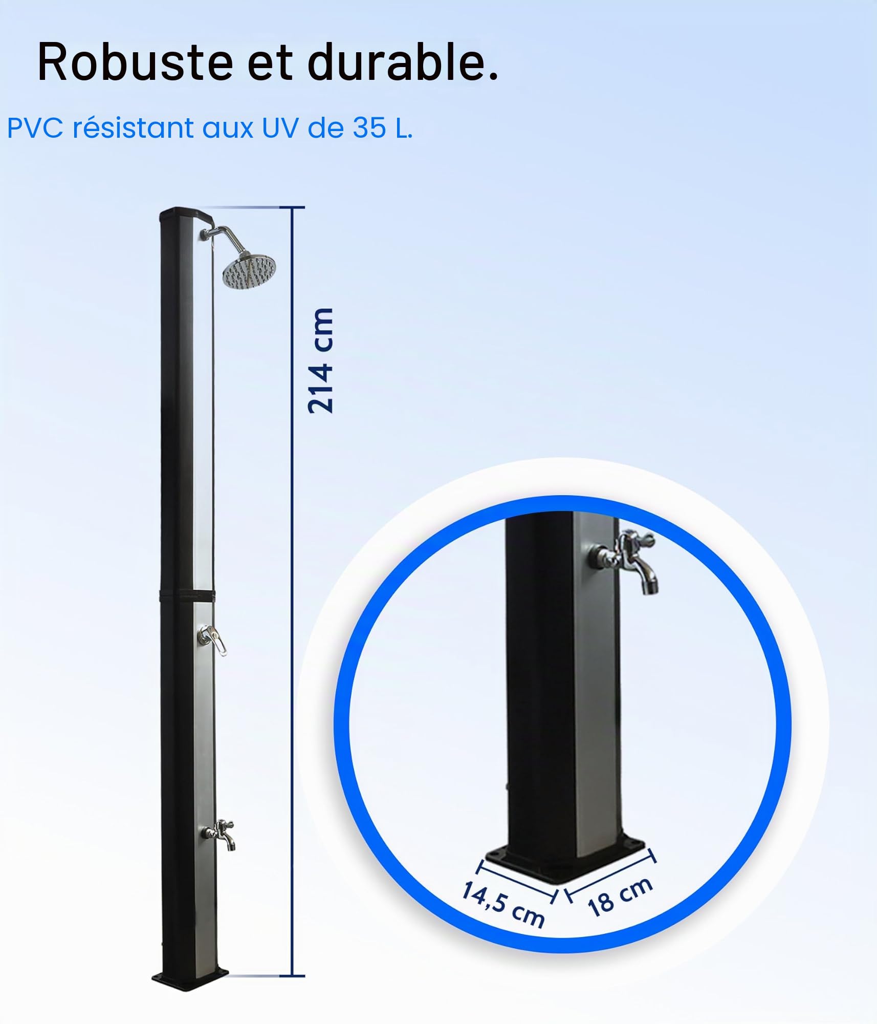 VIESTA® Douche Solaire 35 litres avec Lave-Pieds – Pommeau de Douche Pluie Orientable – Douche Solaire Jardin/Extérieur/Piscine sans Raccordement Électrique – Raccord Tuyau d’Arrosage, Jusqu’à 60°C