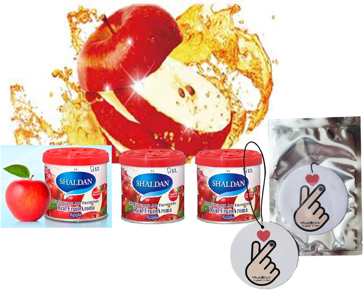 My Shaldan Apple Scent 3-cans, V8 Original Classic Formula, Car Cup-holder Natural air freshener, Real Fruit Aroma